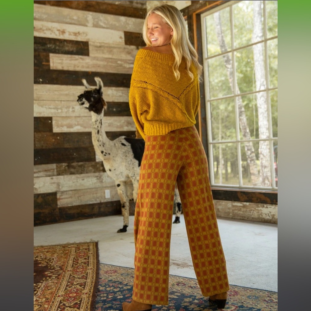 Natural Life On The Horizon Gold Check Wide Leg Pants M NWT - Picture 3 of 7